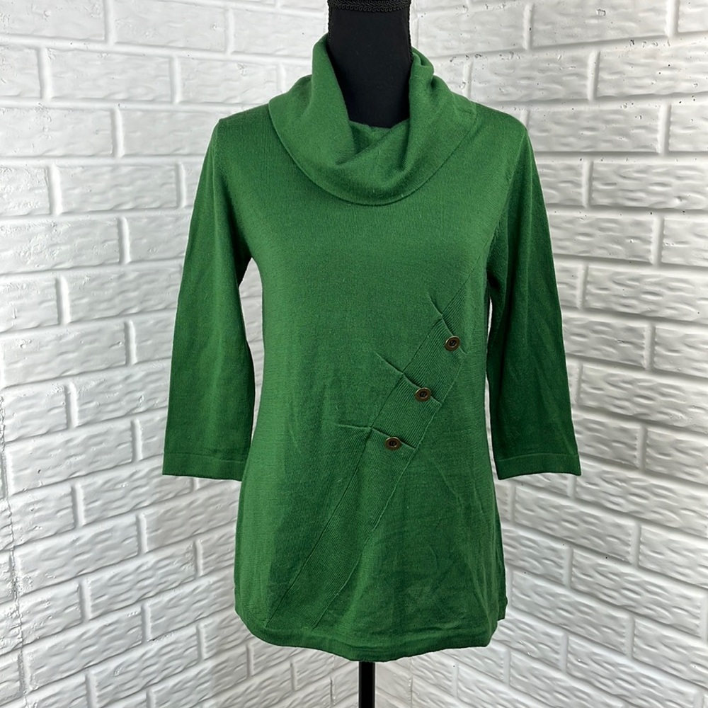 Appleseed’s Petites Cowl Neck 3/4 sleeve sweater Button Pleated Green SZ Sm P